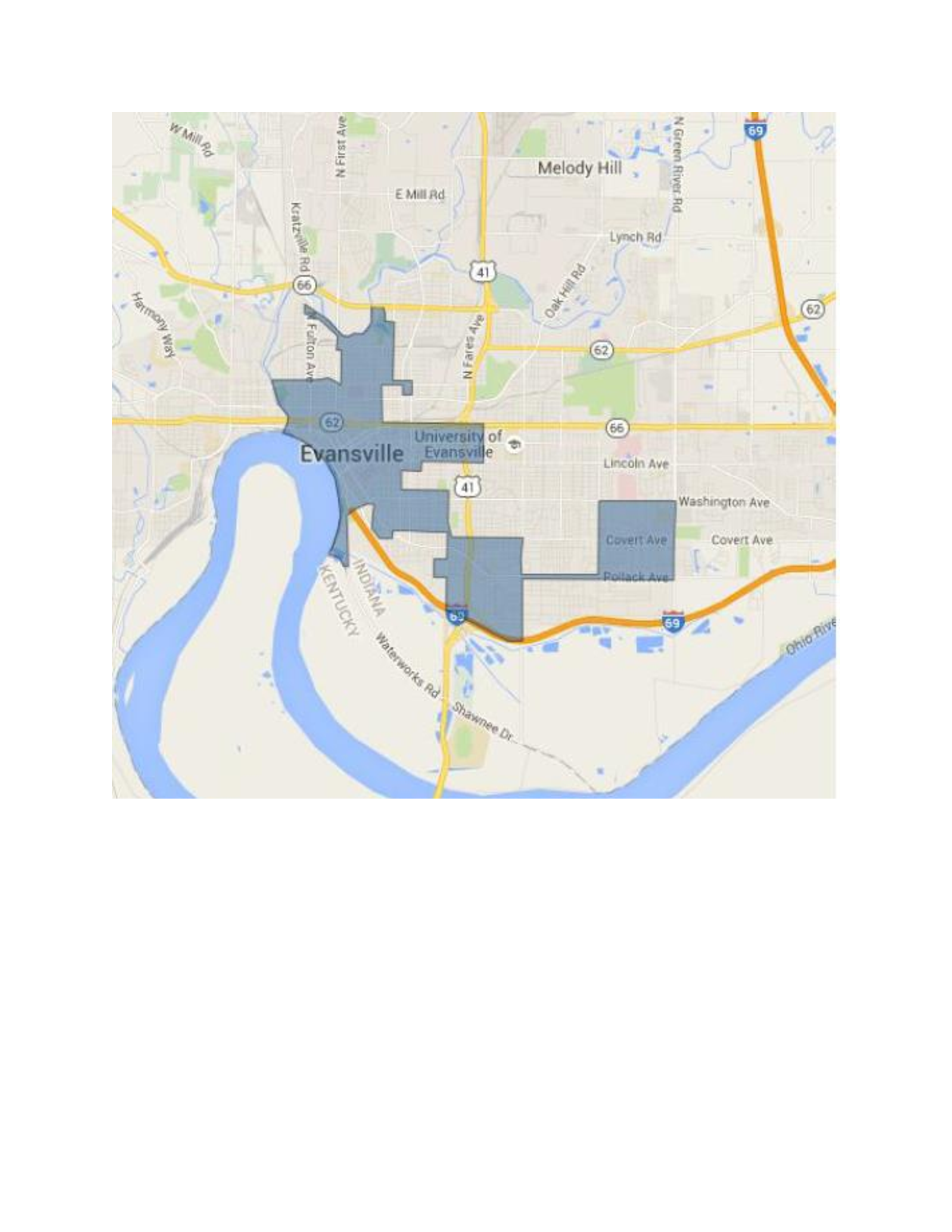 Evansville Promise Zone Map showing designated neighborhoods including Jacobsville, Jimtown, Goosetown, Riverside, and downtown core areas